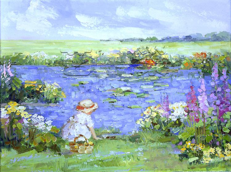 在池塘边 油画 油画 手绘 手绘油画 装饰画