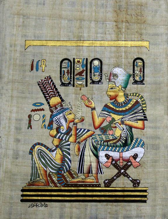 图坦卡蒙和他的妻子_纸莎草纸_埃及纸莎草纸画_装饰画