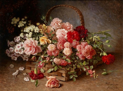 篮子里的玫瑰和康乃馨_油画_欧式油画_欧式餐厅油画 装饰画
