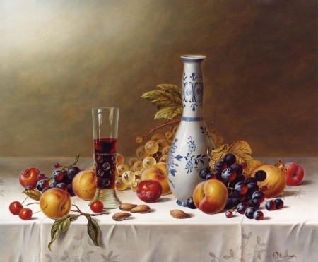 代尔夫特花瓶、红酒和水果_油画_欧式油画_欧式餐厅油画