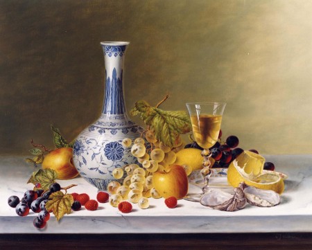 大理石台上的花瓶和水果_油画_欧式油画_手绘油画_欧式