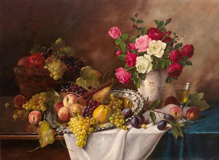 水果和玫瑰静物_油画_欧式油画_欧式餐厅油画_装饰画