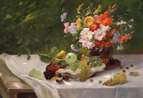 桌上的静物花卉和水果_油画_油画_手绘_手绘油画_装饰画