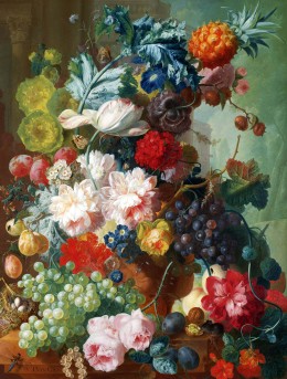 陶瓶里的鲜花和水果_油画_欧式油画_欧式餐厅油画_装饰画