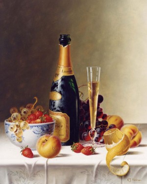 有水果和香槟酒的静物_油画_欧式油画_欧式餐厅油画_装饰画