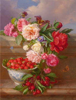 静物玫瑰草莓和樱桃_油画_欧式油画_欧式餐厅油画_装饰画