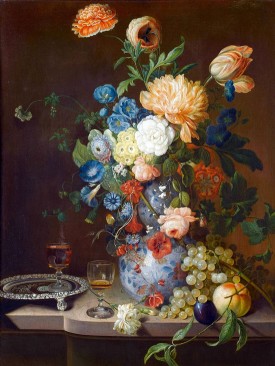 鲜花和水果与两个酒杯_油画_欧式油画_欧式餐厅油画