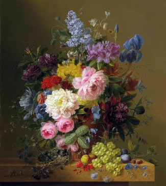 大理石台上的鲜花与水果和鸟巢_油画_欧式油画_装饰画