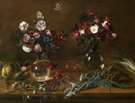 两个玻璃瓶里的鲜花和橄榄_油画_欧式油画_欧式餐厅油画