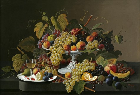 台子上的水果和葡萄酒_油画_油画_手绘_手绘油画_装饰画