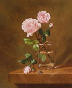 玻璃花瓶中的玫瑰_油画_欧式油画_欧式餐厅油画_装饰画