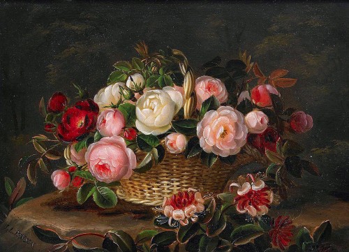 粉色红色白色玫瑰和金银花_油画_欧式油画_欧式_装饰画