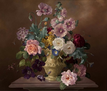 装饰壶里的玫瑰，蜀葵，罂粟_油画_欧式餐厅油画_装饰画