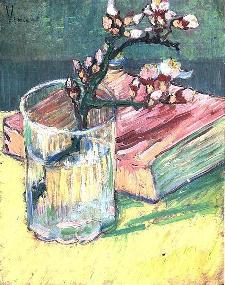 玻璃杯中的杏花和一本书 油画 油画 手绘 手绘油画 装饰画