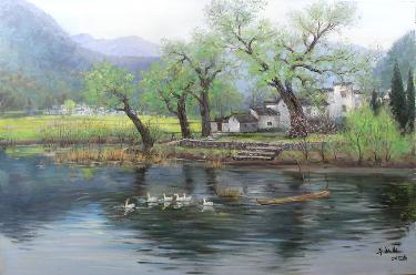徽州山水 油画 油画 手绘 手绘油画 原创 装饰画