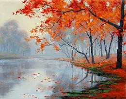 秋季湖边的树木 油画 油画 客厅 手绘 装饰画