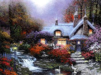 夜色降临天鹅溪边的小屋 油画 油画 手绘 手绘油画 装饰画