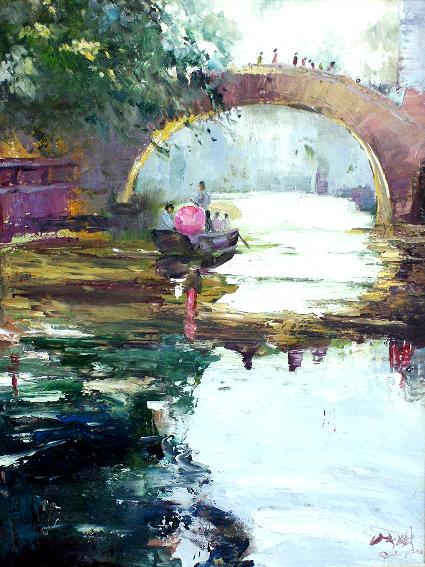 拱桥流水 手绘油画
