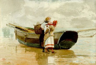 两个女孩和一只船油画