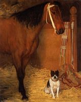在马厩里的马和狗油画